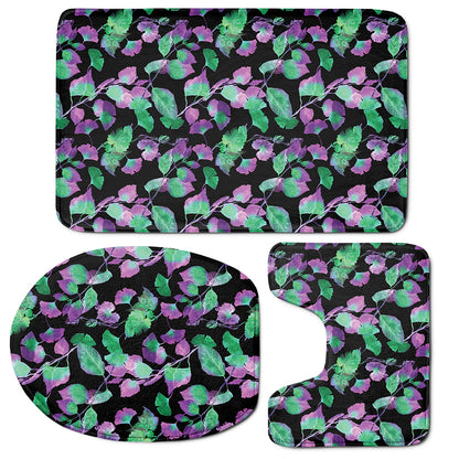 Purple And Green Leaf Pattern Print 3 Piece Bath Mat Set