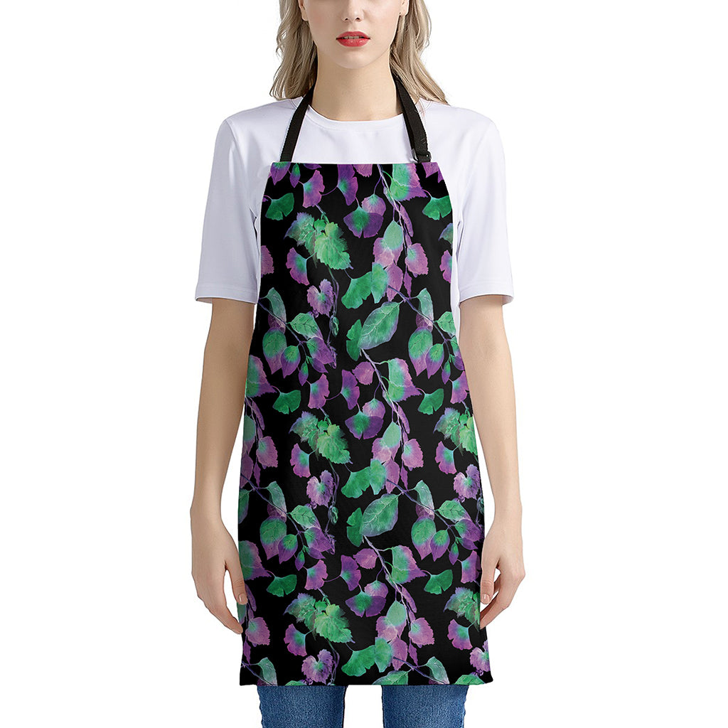 Purple And Green Leaf Pattern Print Apron