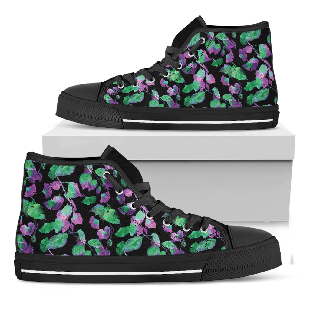 Purple And Green Leaf Pattern Print Black High Top Shoes