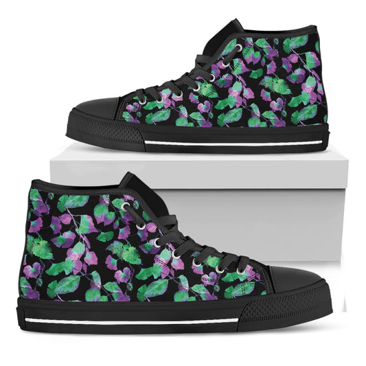 Purple And Green Leaf Pattern Print Black High Top Shoes