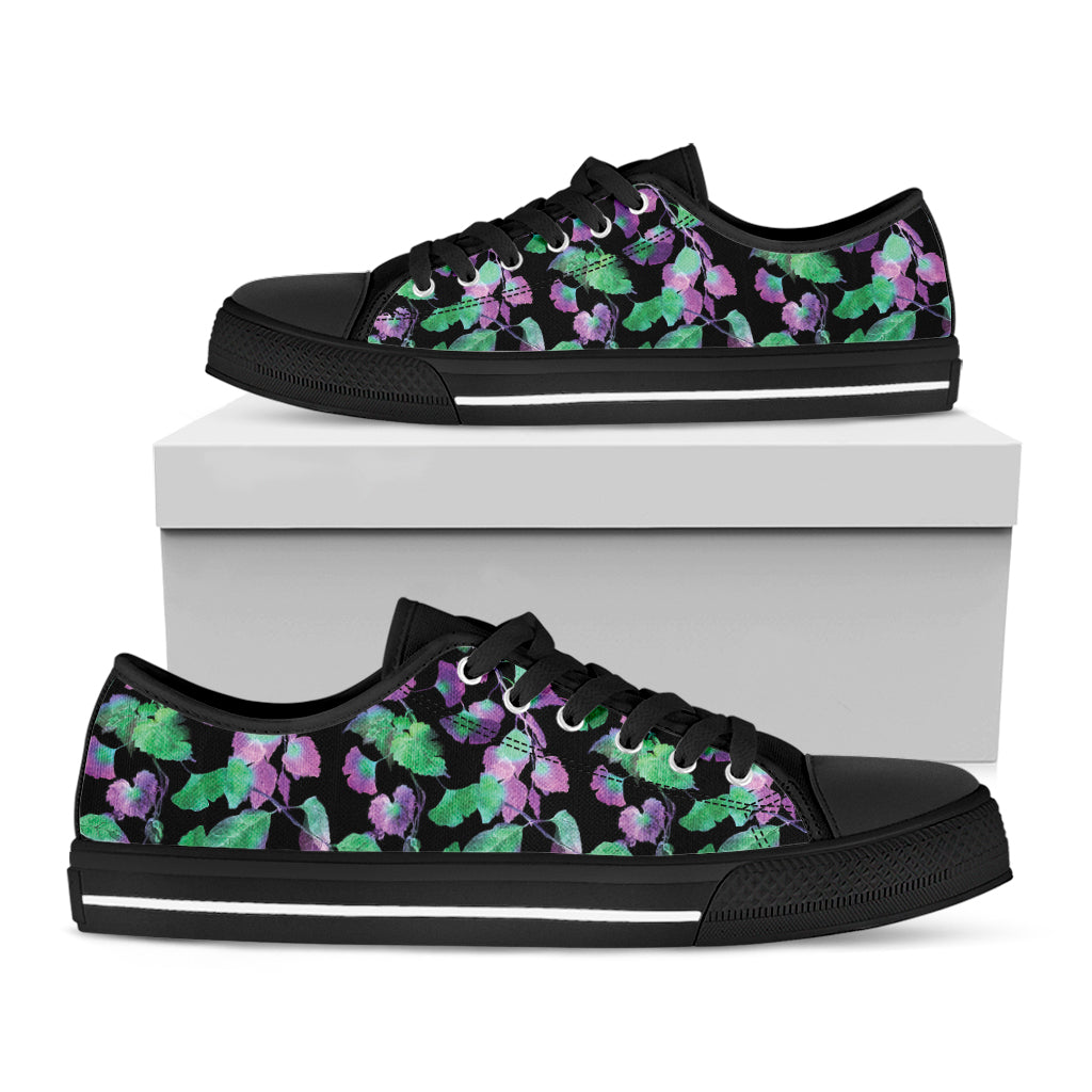 Purple And Green Leaf Pattern Print Black Low Top Shoes