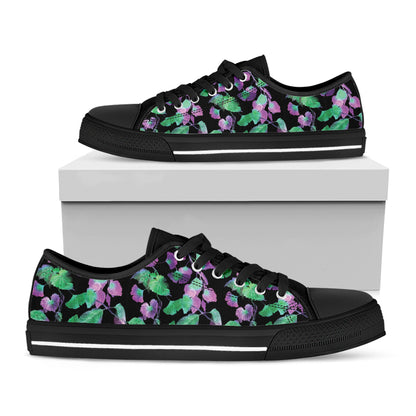 Purple And Green Leaf Pattern Print Black Low Top Shoes
