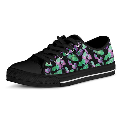 Purple And Green Leaf Pattern Print Black Low Top Shoes