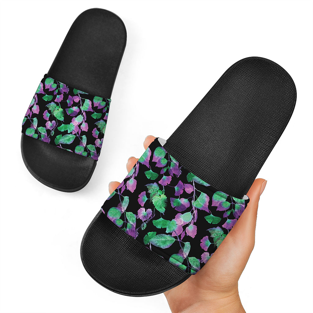 Purple And Green Leaf Pattern Print Black Slide Sandals