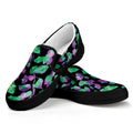 Purple And Green Leaf Pattern Print Black Slip On Sneakers