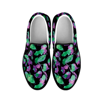 Purple And Green Leaf Pattern Print Black Slip On Shoes