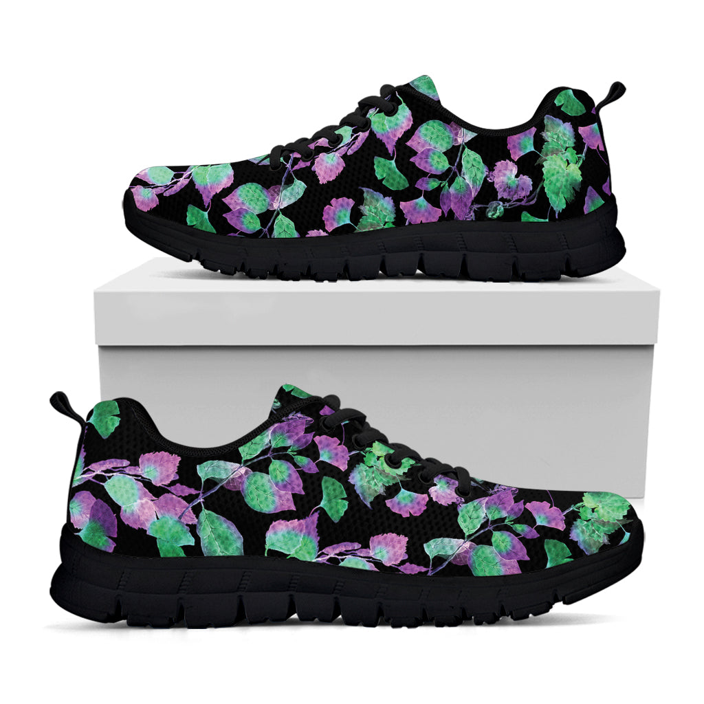 Purple And Green Leaf Pattern Print Black Sneakers