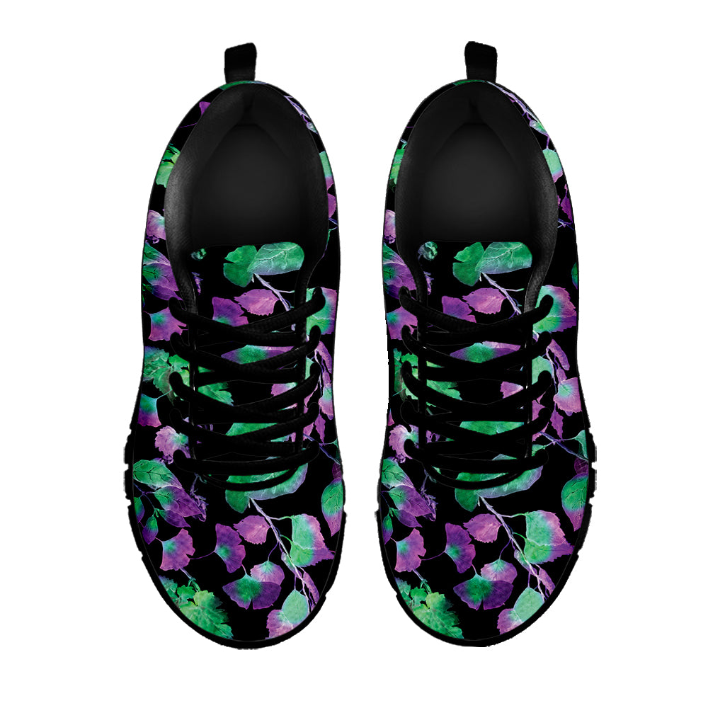 Purple And Green Leaf Pattern Print Black Sneakers