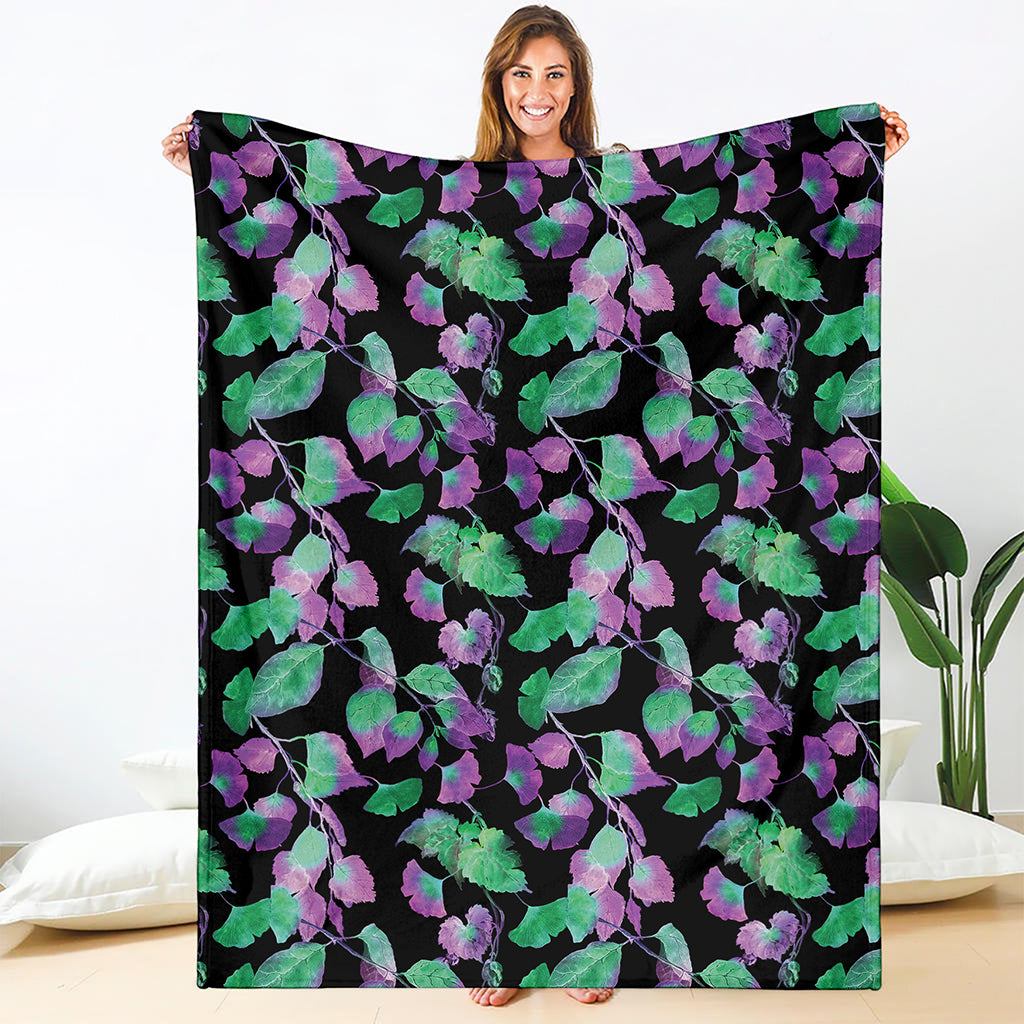 Purple And Green Leaf Pattern Print Blanket