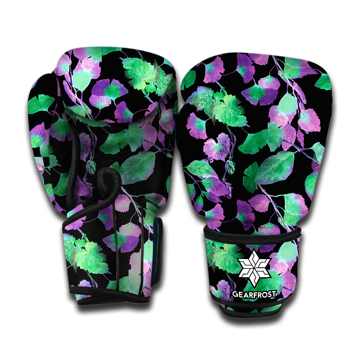 Purple And Green Leaf Pattern Print Boxing Gloves