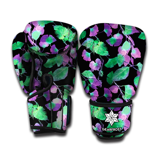 Purple And Green Leaf Pattern Print Boxing Gloves