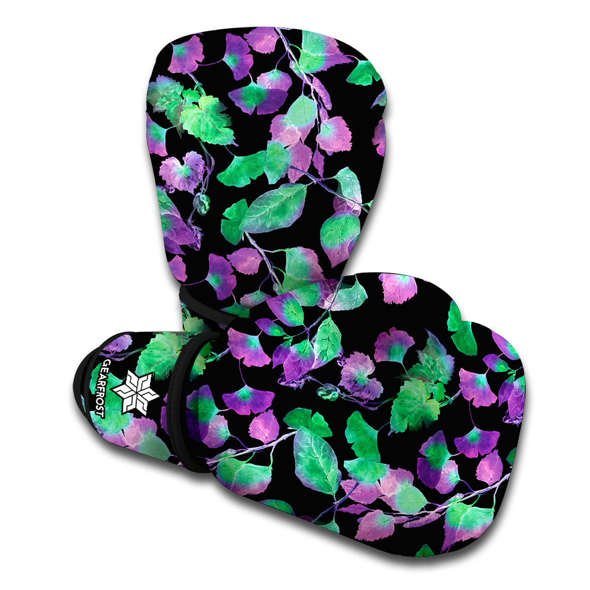 Purple And Green Leaf Pattern Print Boxing Gloves