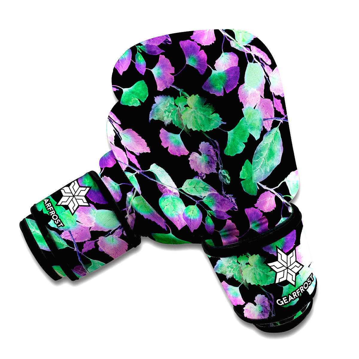 Purple And Green Leaf Pattern Print Boxing Gloves