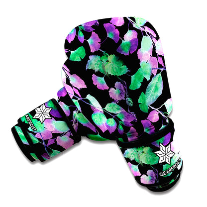 Purple And Green Leaf Pattern Print Boxing Gloves