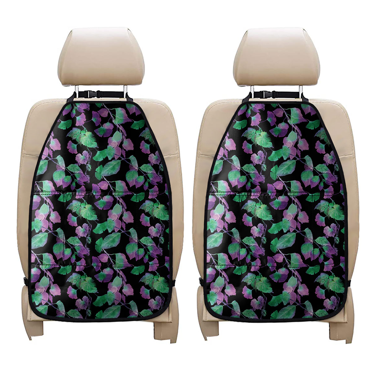 Purple And Green Leaf Pattern Print Car Seat Organizers