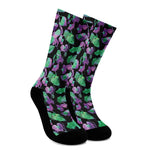 Purple And Green Leaf Pattern Print Crew Socks