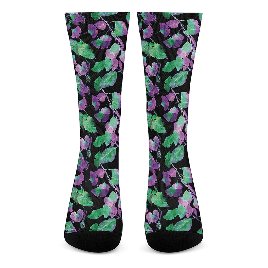 Purple And Green Leaf Pattern Print Crew Socks