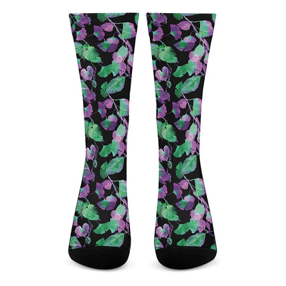 Purple And Green Leaf Pattern Print Crew Socks