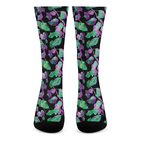 Purple And Green Leaf Pattern Print Crew Socks