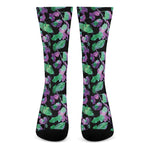 Purple And Green Leaf Pattern Print Crew Socks