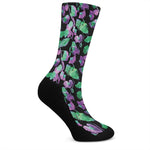 Purple And Green Leaf Pattern Print Crew Socks