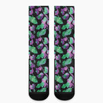 Purple And Green Leaf Pattern Print Crew Socks
