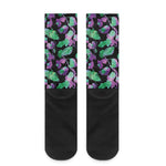Purple And Green Leaf Pattern Print Crew Socks