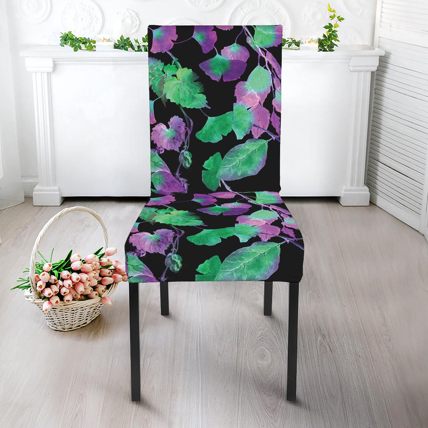 Purple And Green Leaf Pattern Print Dining Chair Slipcover