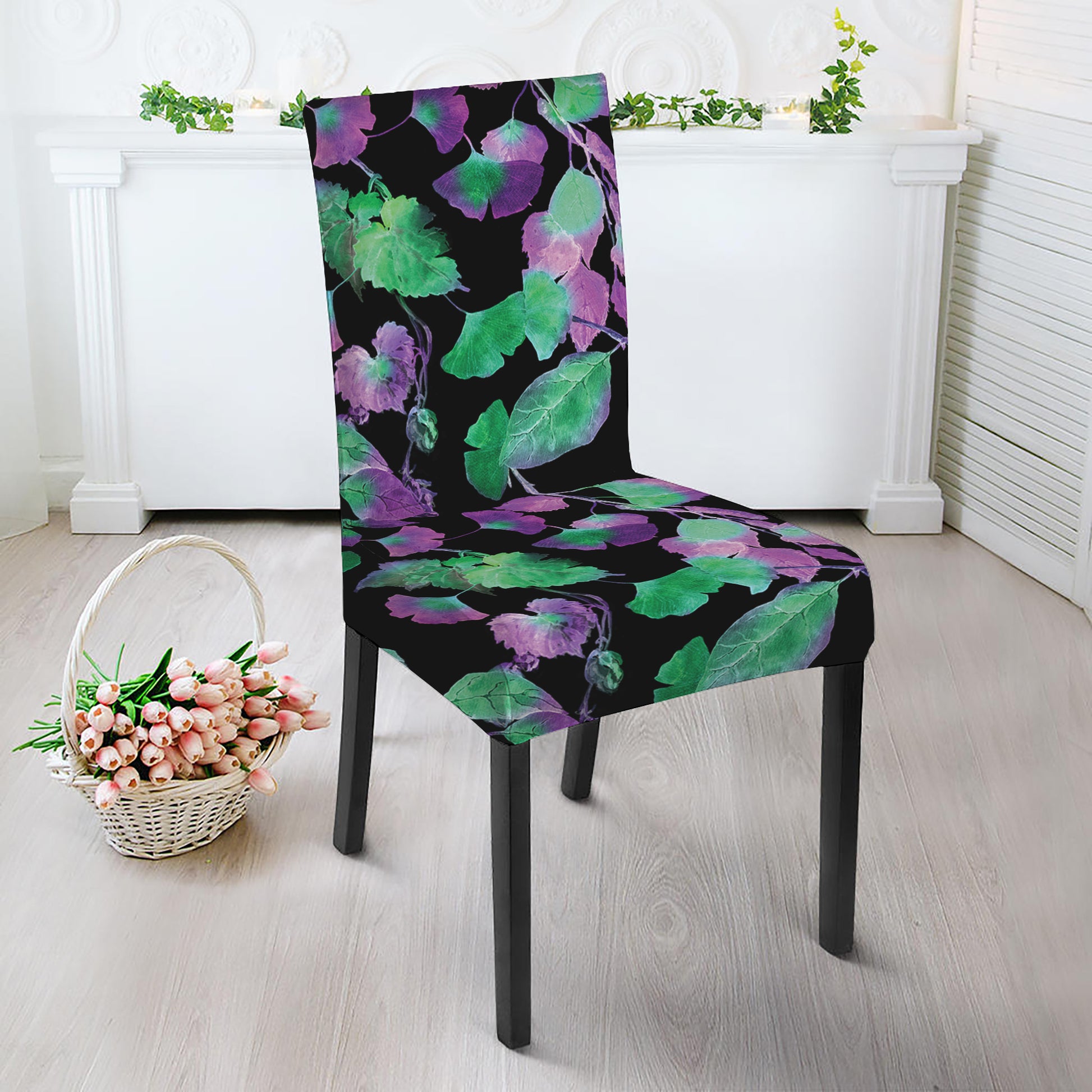 Purple And Green Leaf Pattern Print Dining Chair Slipcover