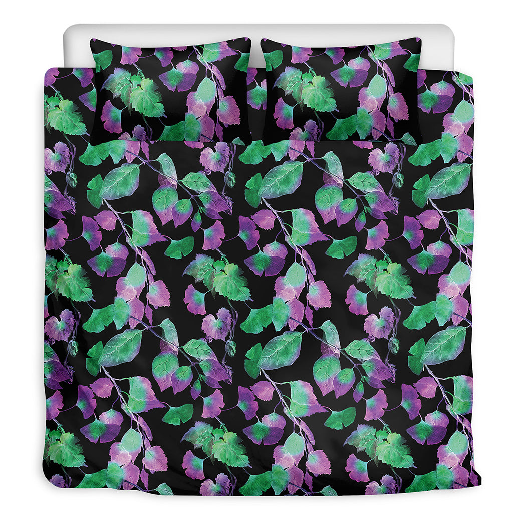 Purple And Green Leaf Pattern Print Duvet Cover Bedding Set