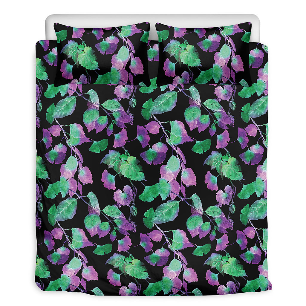 Purple And Green Leaf Pattern Print Duvet Cover Bedding Set