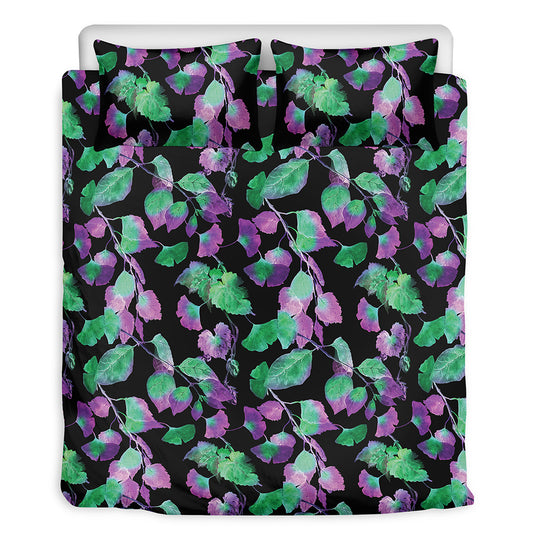 Purple And Green Leaf Pattern Print Duvet Cover Bedding Set