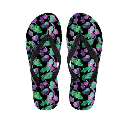 Purple And Green Leaf Pattern Print Flip Flops