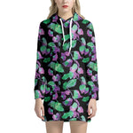 Purple And Green Leaf Pattern Print Hoodie Dress