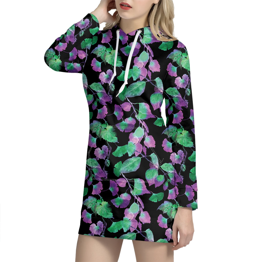 Purple And Green Leaf Pattern Print Hoodie Dress