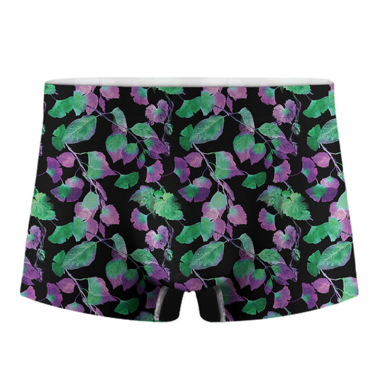 Purple And Green Leaf Pattern Print Men's Boxer Briefs