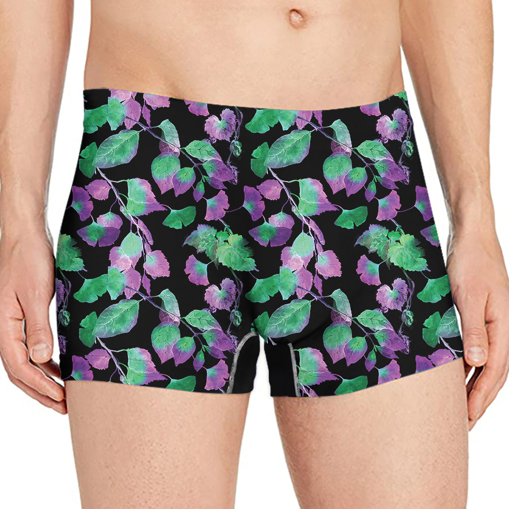 Purple And Green Leaf Pattern Print Men's Boxer Briefs