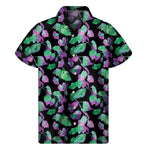 Purple And Green Leaf Pattern Print Men's Short Sleeve Shirt