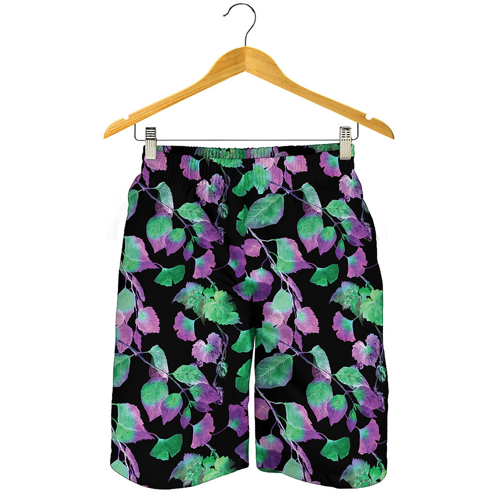 Purple And Green Leaf Pattern Print Men's Shorts