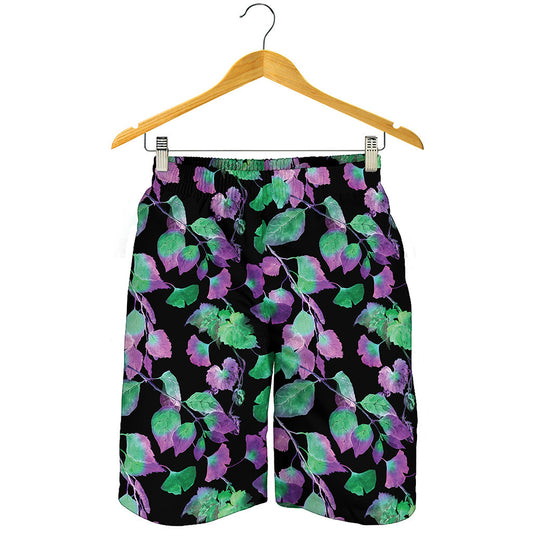 Purple And Green Leaf Pattern Print Men's Shorts