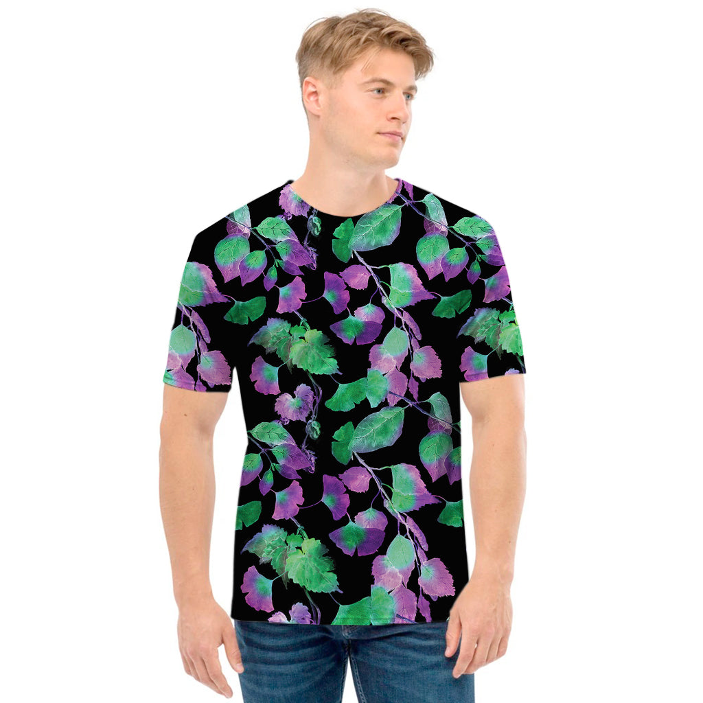 Purple And Green Leaf Pattern Print Men's T-Shirt