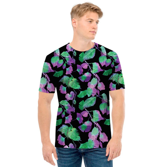 Purple And Green Leaf Pattern Print Men's T-Shirt