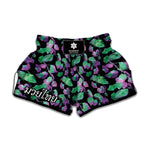 Purple And Green Leaf Pattern Print Muay Thai Boxing Shorts
