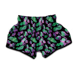 Purple And Green Leaf Pattern Print Muay Thai Boxing Shorts