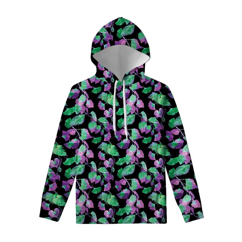Purple And Green Leaf Pattern Print Pullover Hoodie