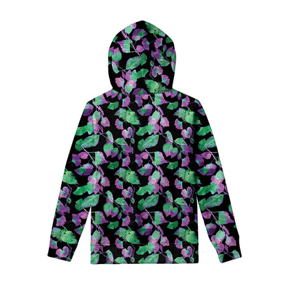 Purple And Green Leaf Pattern Print Pullover Hoodie