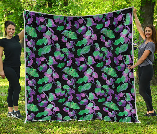 Purple And Green Leaf Pattern Print Quilt
