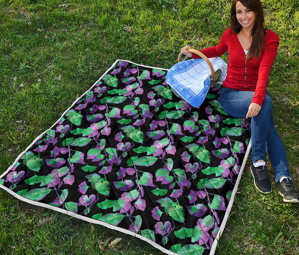 Purple And Green Leaf Pattern Print Quilt