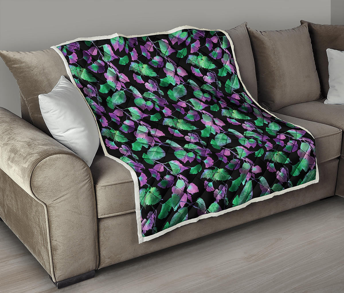 Purple And Green Leaf Pattern Print Quilt