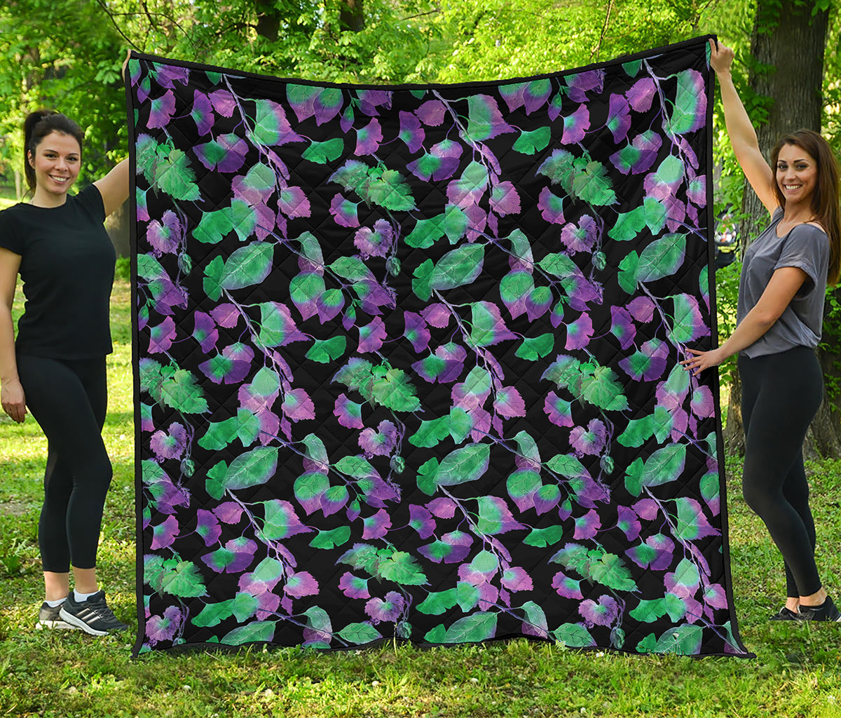 Purple And Green Leaf Pattern Print Quilt